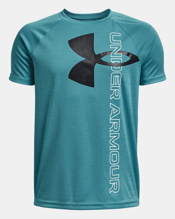 Boys' UA Tech™ Split Logo Hybrid Short Sleeve in Blue image number 0